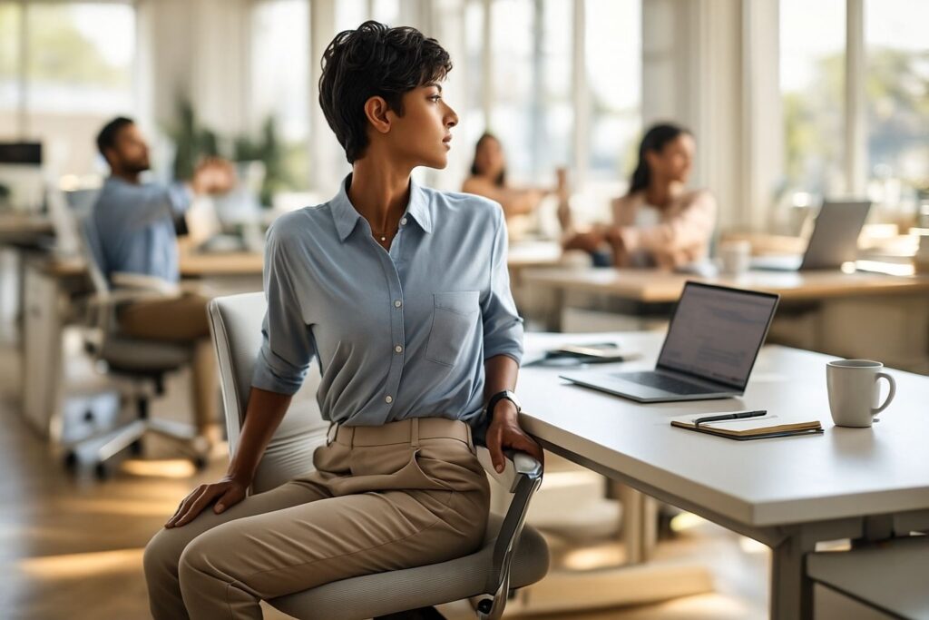 Which office yoga stretches work best for a 10-minute desk break