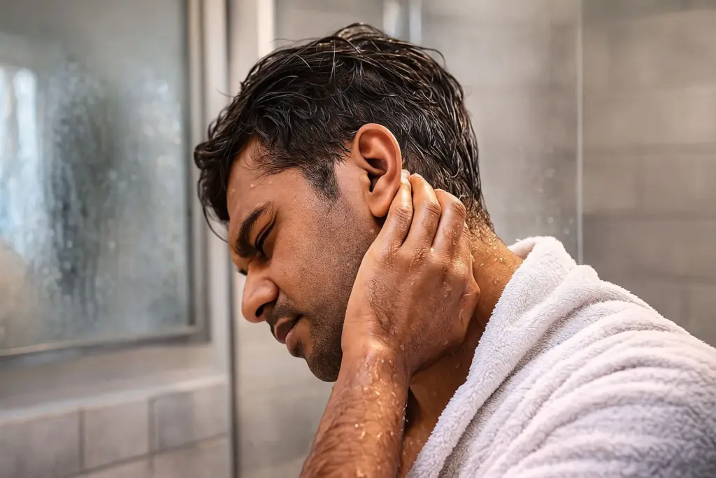 Can trapped moisture after bathing lead to painful swimmer’s ear? 1 Can trapped moisture after bathing lead to painful swimmer’s ear?